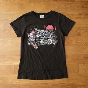 Stüssy Girls Graphic Print Crewneck Tee in Black Streetwear Casual Y2K Summer
